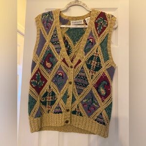 Robert Scott Ltd Vtg Small Multicolor Diamond Hand Knit Sweater Vest Linen Blend
